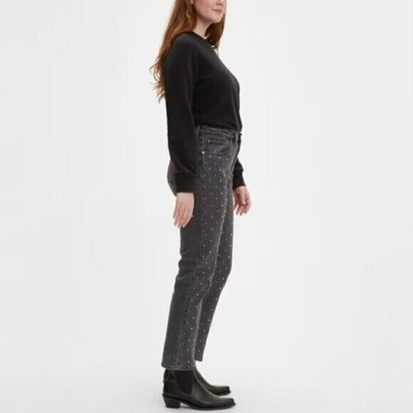 NWT Levis 501 Jeans Size 27 High Rise Crystal Studded Straight Leg Cropped - Picture 2 of 9